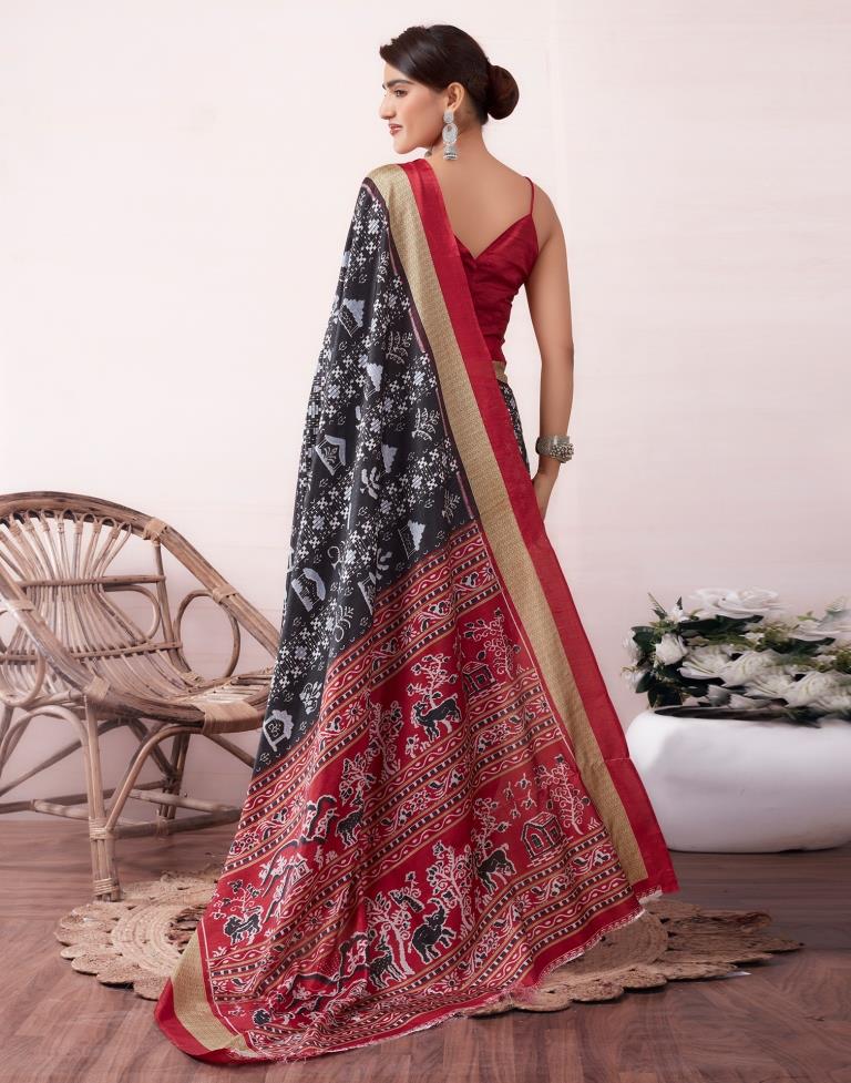 Black & Red Silk Printed  Saree