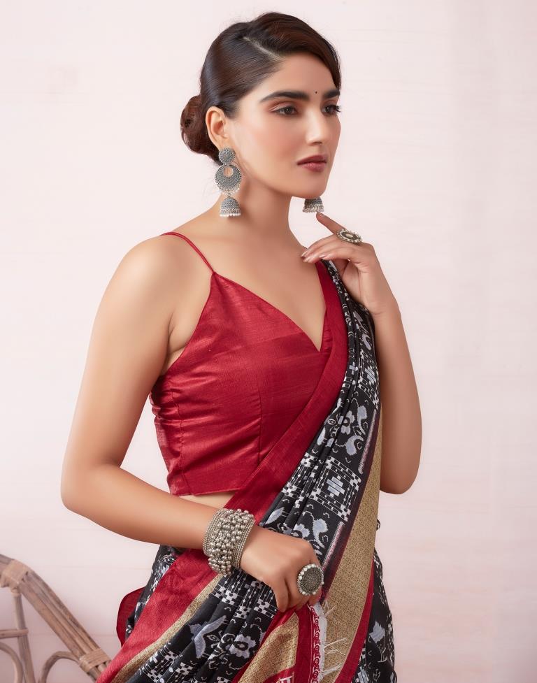 Black & Red Silk Printed  Saree