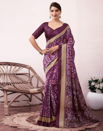 Deep Purple Silk Printed  Saree