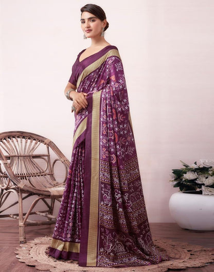 Deep Purple Silk Printed  Saree