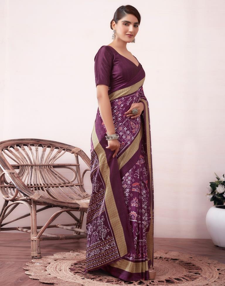 Deep Purple Silk Printed  Saree