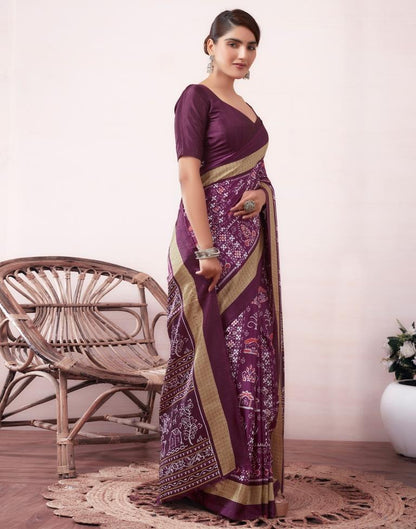 Deep Purple Silk Printed  Saree