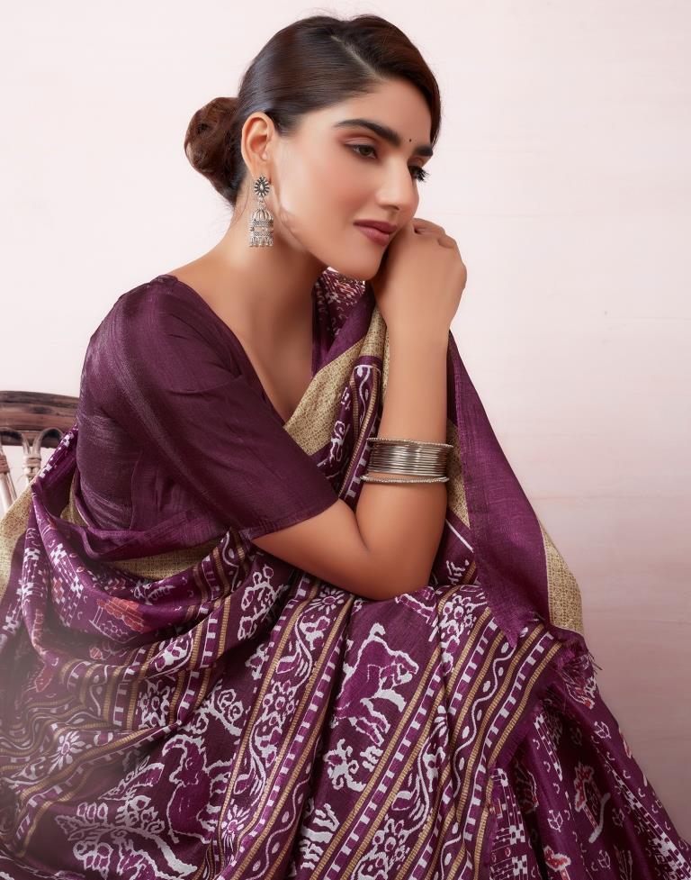Deep Purple Silk Printed  Saree