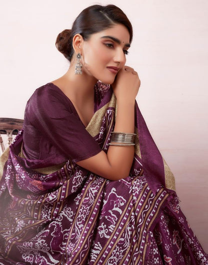 Deep Purple Silk Printed  Saree