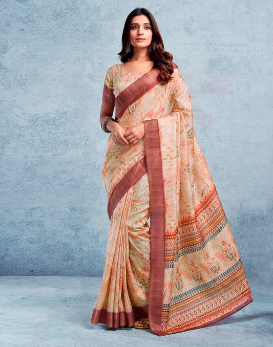 Beige & Multicoloured Silk Printed  Saree