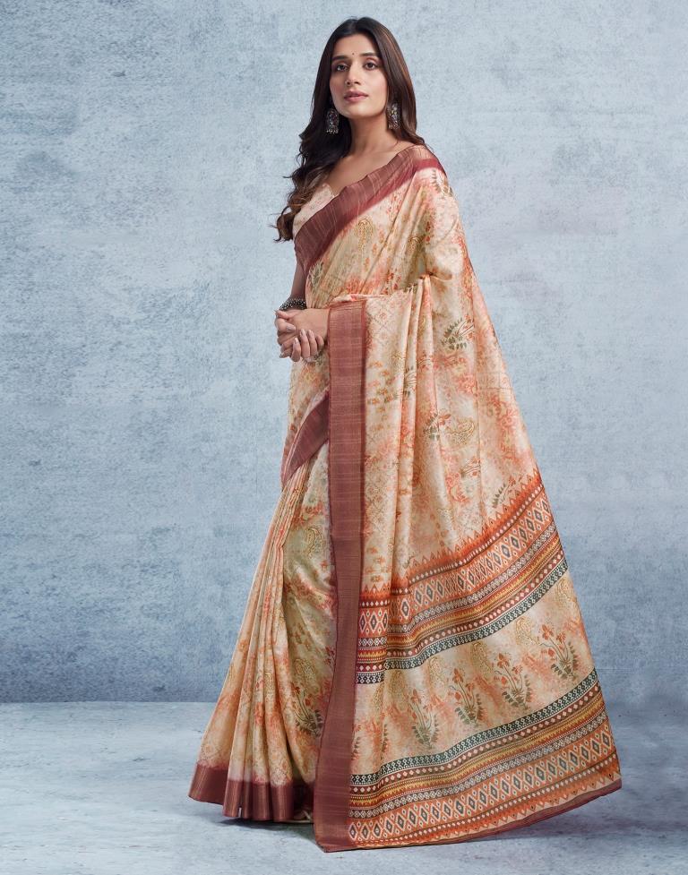 Beige & Multicoloured Silk Printed  Saree