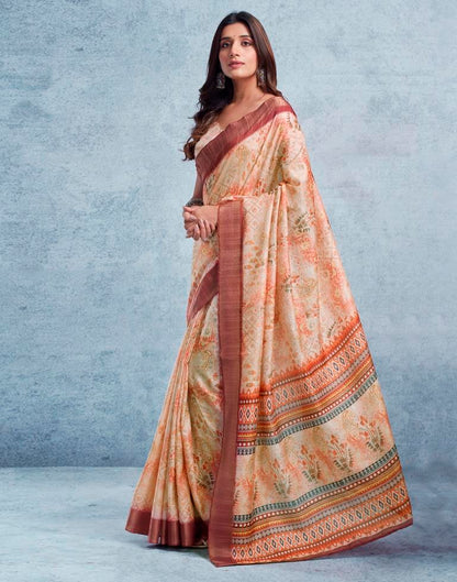 Beige & Multicoloured Silk Printed  Saree