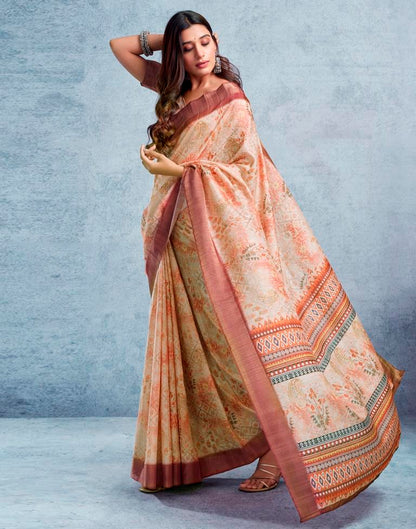 Beige & Multicoloured Silk Printed  Saree