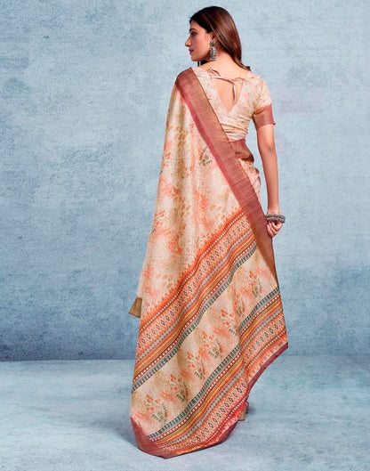 Beige & Multicoloured Silk Printed  Saree