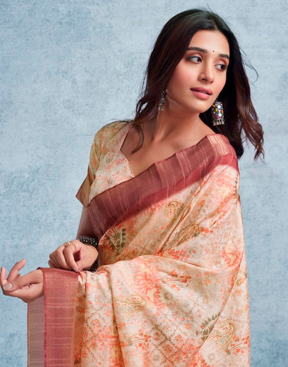 Beige & Multicoloured Silk Printed  Saree