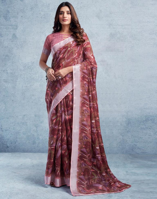 Wine Linen Printed  Saree