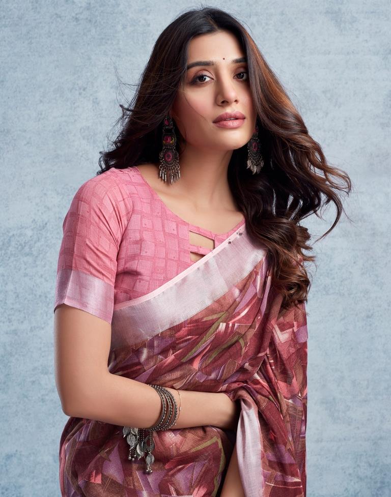 Wine Linen Printed  Saree