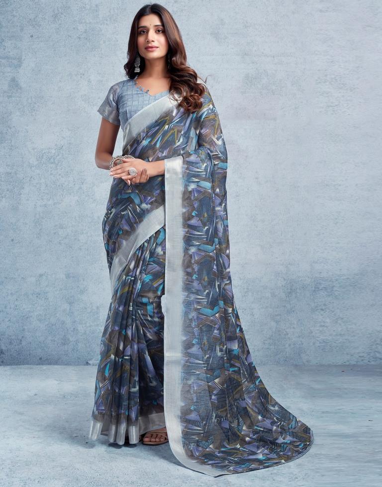 Dull Dark Blue Linen Printed  Saree