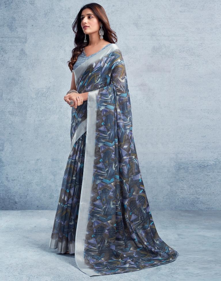 Dull Dark Blue Linen Printed  Saree