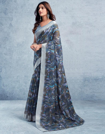 Dull Dark Blue Linen Printed  Saree