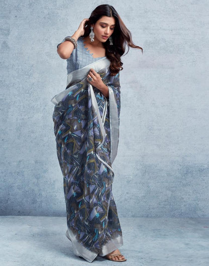 Dull Dark Blue Linen Printed  Saree