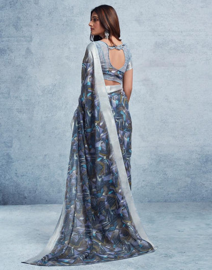Dull Dark Blue Linen Printed  Saree