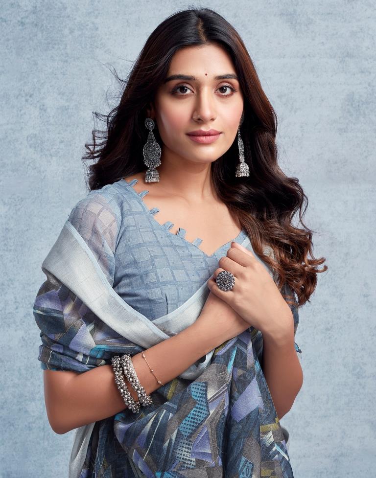 Dull Dark Blue Linen Printed  Saree