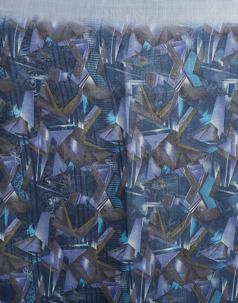 Dull Dark Blue Linen Printed  Saree