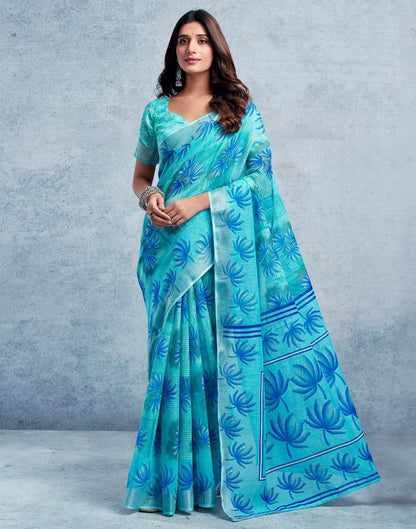 Turquoise Linen Printed  Saree