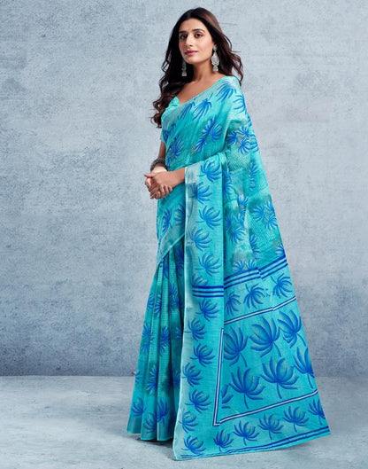 Turquoise Linen Printed  Saree