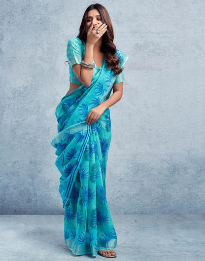 Turquoise Linen Printed  Saree
