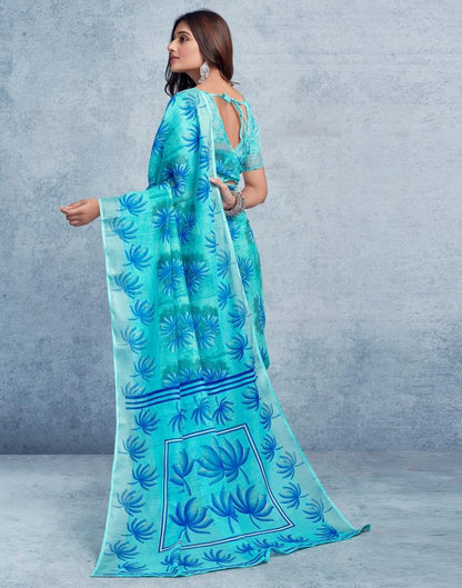 Turquoise Linen Printed  Saree