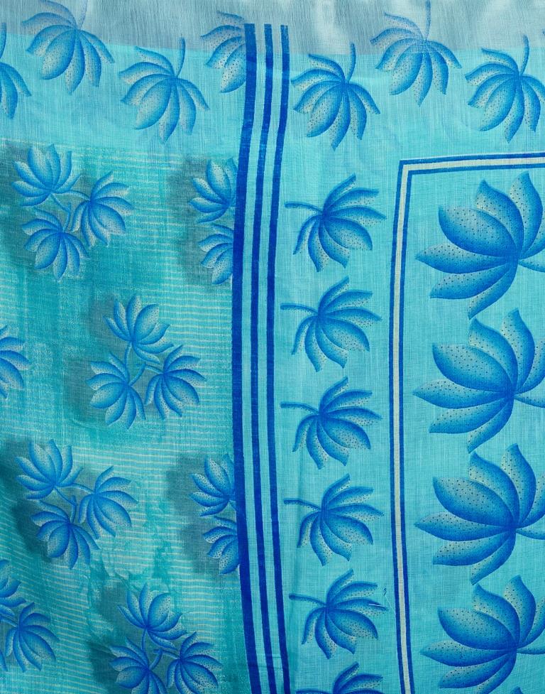 Turquoise Linen Printed  Saree