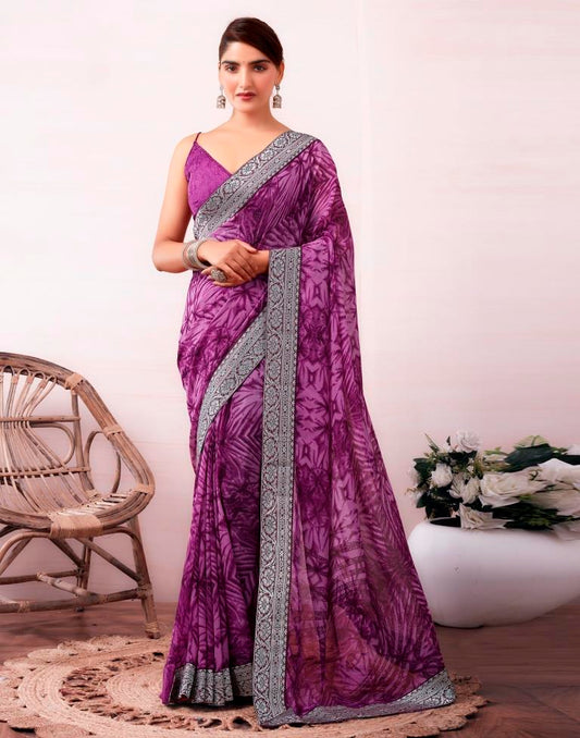 Purple Georgette Printed  Saree