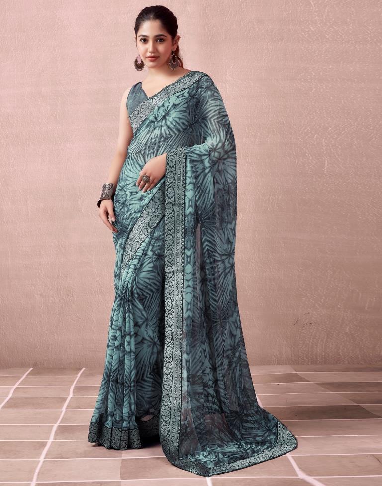 Mint Grey Georgette Printed  Saree