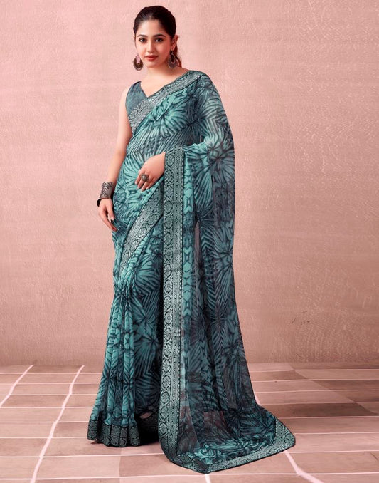 Mint Grey Georgette Printed  Saree