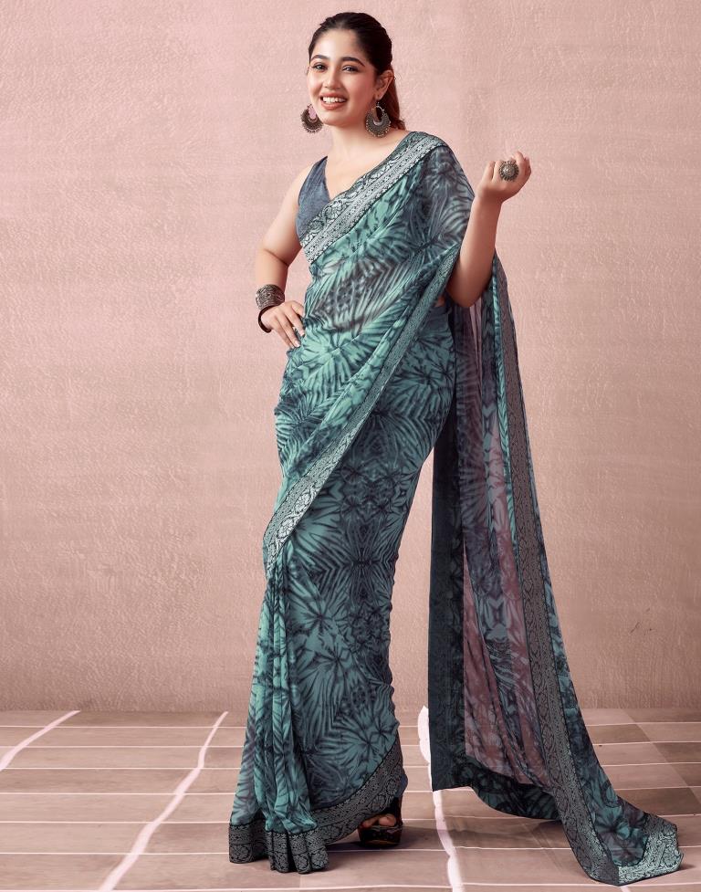 Mint Grey Georgette Printed  Saree