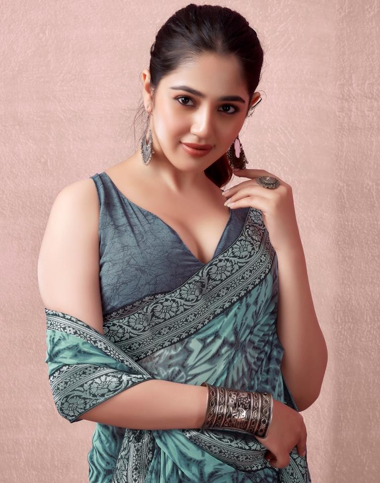 Mint Grey Georgette Printed  Saree