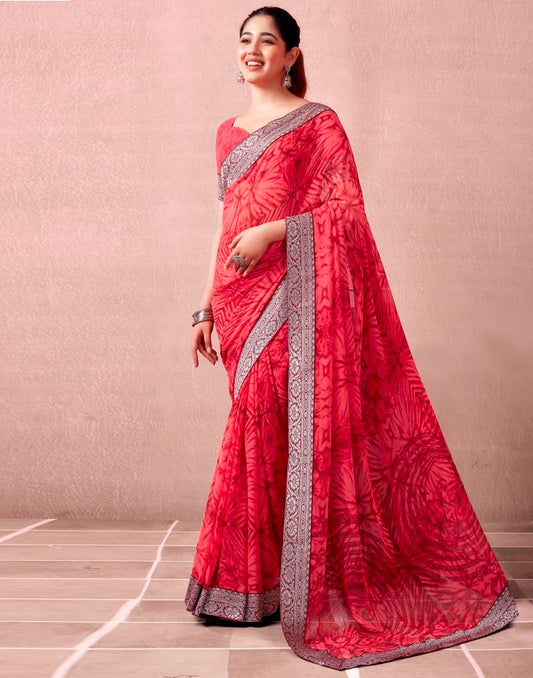 Red Georgette Printed  Saree
