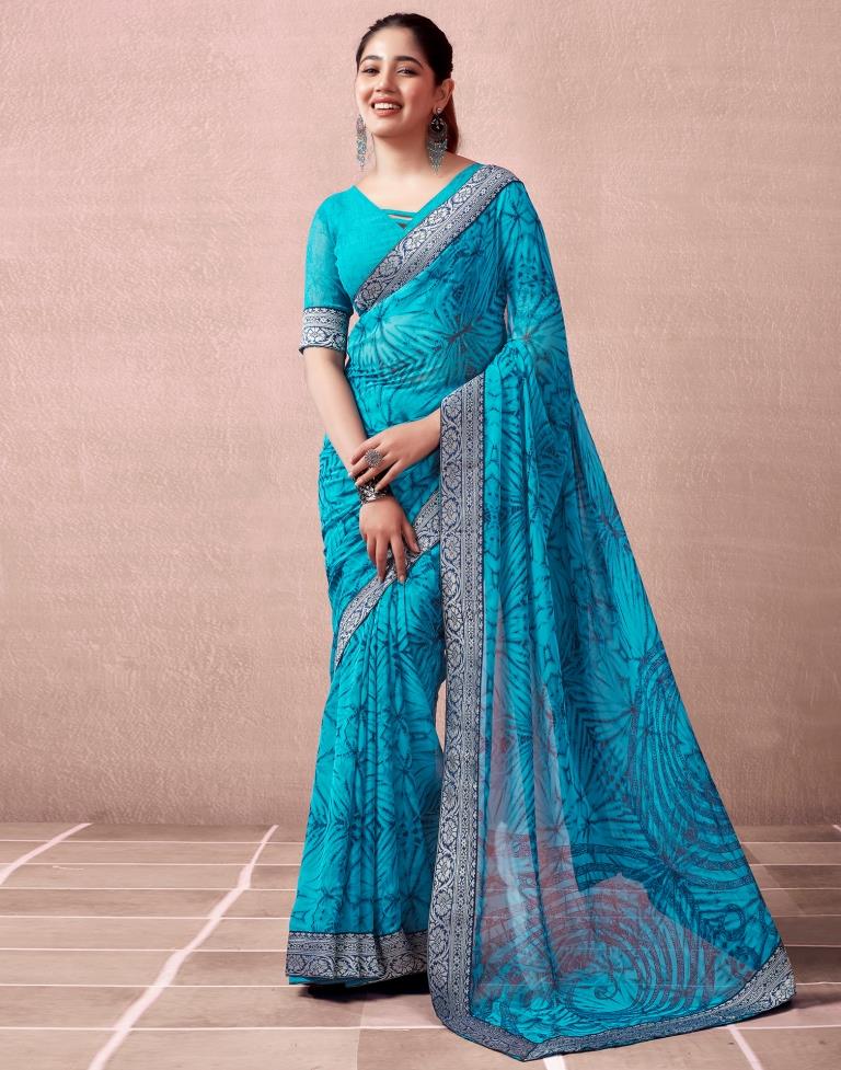 Teal Blue Georgette Printed  Saree