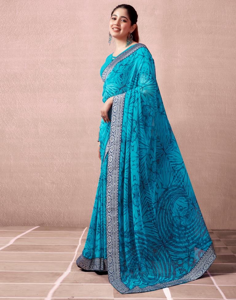 Teal Blue Georgette Printed  Saree