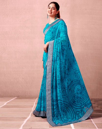 Teal Blue Georgette Printed  Saree