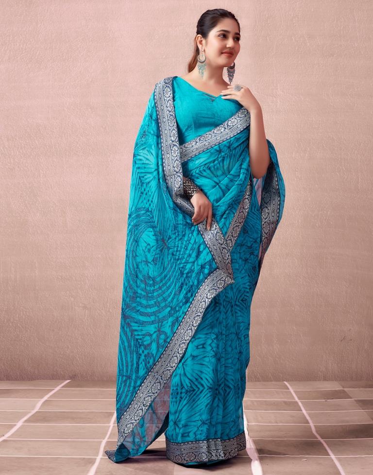 Teal Blue Georgette Printed  Saree