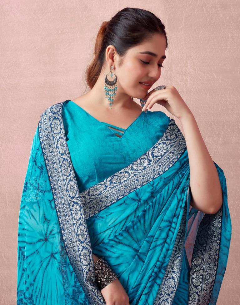Teal Blue Georgette Printed  Saree
