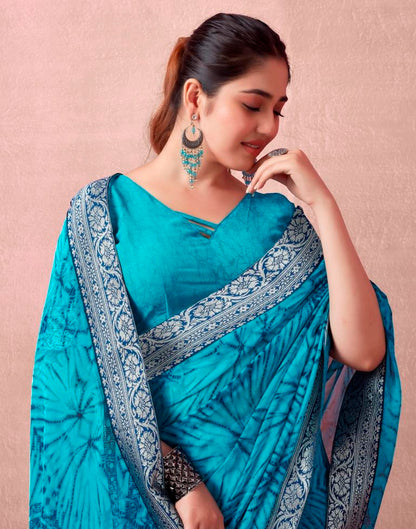 Teal Blue Georgette Printed  Saree