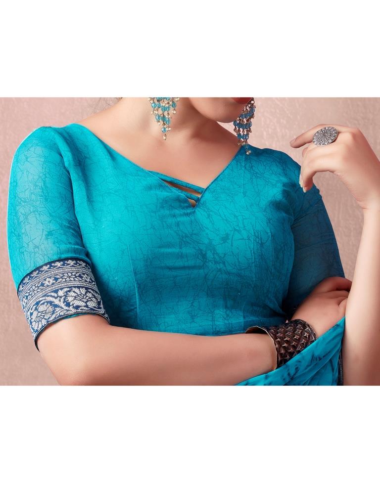 Teal Blue Georgette Printed  Saree