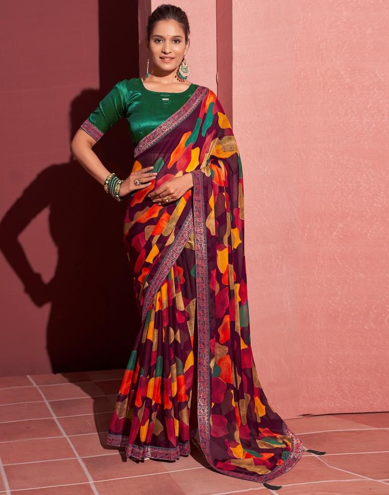 Wine Chiffon Printed Saree