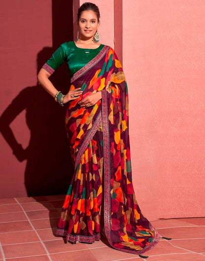 Wine Chiffon Printed Saree