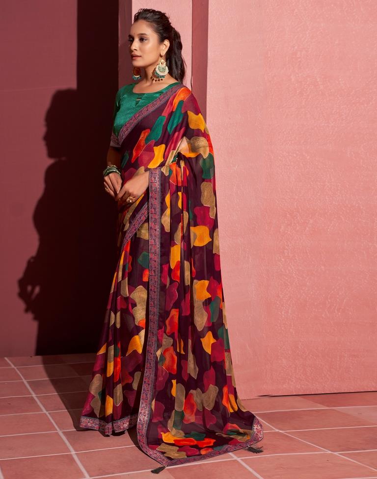 Wine Chiffon Printed Saree