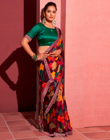 Wine Chiffon Printed Saree