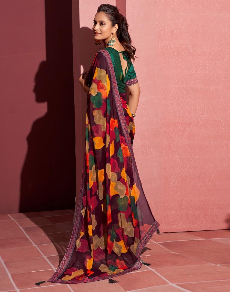 Wine Chiffon Printed Saree