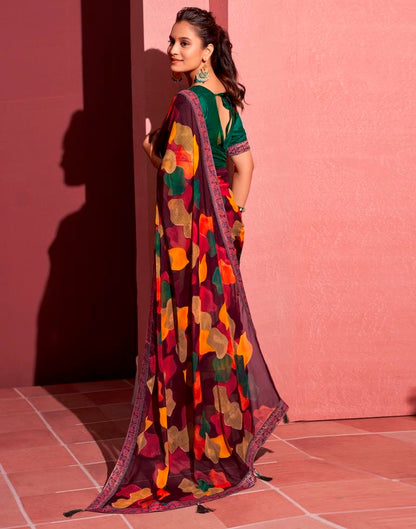 Wine Chiffon Printed Saree