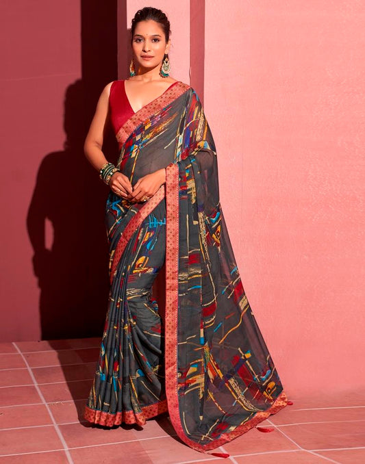 Dark Grey Chiffon Printed Saree