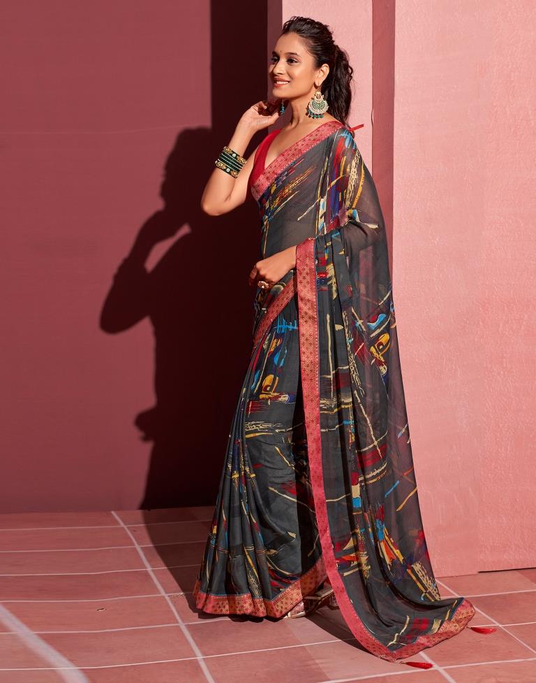 Dark Grey Chiffon Printed Saree