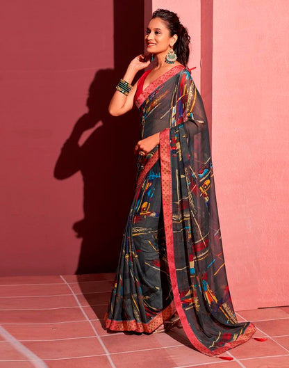 Dark Grey Chiffon Printed Saree